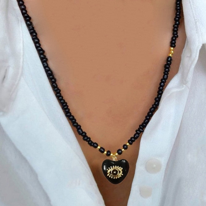 Fashion Classic White Rice Beads White Shell Stone Short Necklace Retro Charm Moon Eyes Pendant Jewelry Christmas Halloween Gift - Charlie Dolly