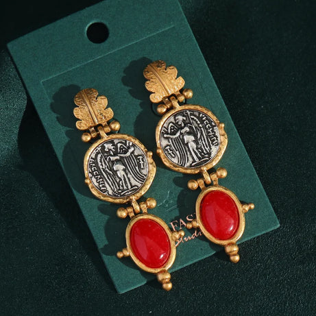 Vintage Emerald Green Stone Dangle Earrings, Antique Gold Coin Boho Jewelry
