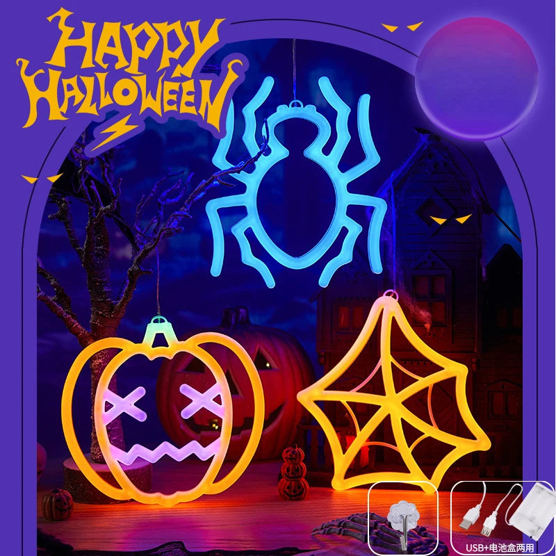 Halloween Window Lights Home Indoor LED Pumpkin Spider Ghost LED Decor Lamp 2024 Halloween Party Hanging Decoration Kids Favors - Charlie Dolly