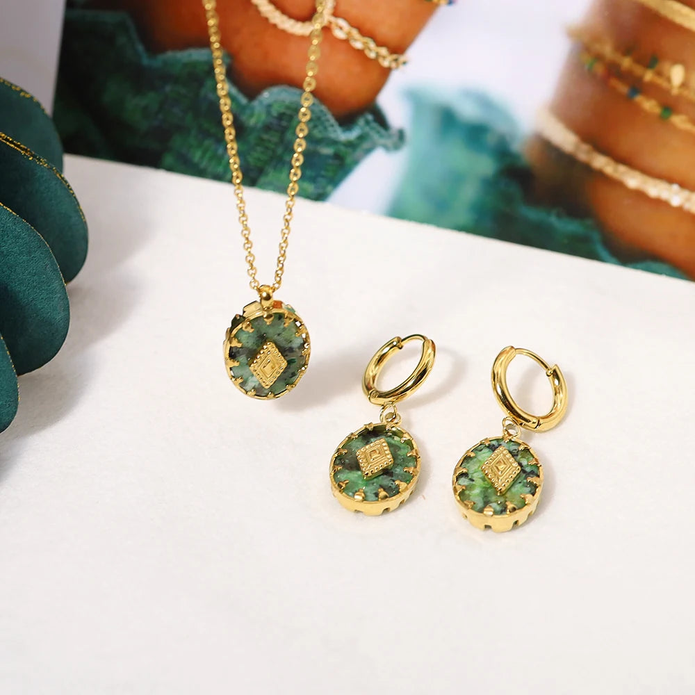 WILD & FREE Vintage Natural Stone Pendant Necklace for Women Luxury African Turquoise Drop Earrings Trendy Jewelry Set Gifts