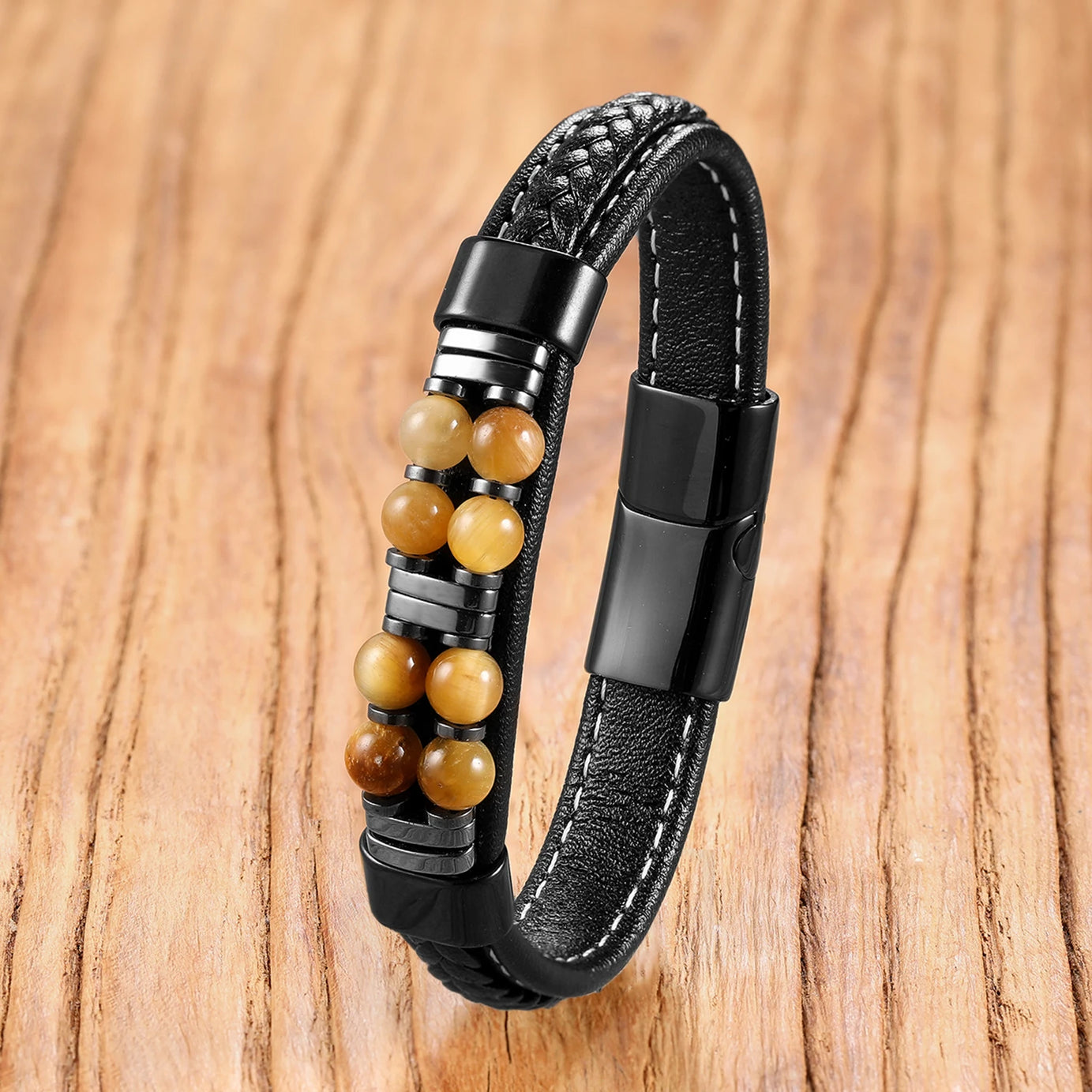 13 Styles Natural Stone Bead Bracelets, Handmade Leather Cord Jewelry with Stainless Steel Clasp, Boho Gift for Women Man - Charlie Dolly