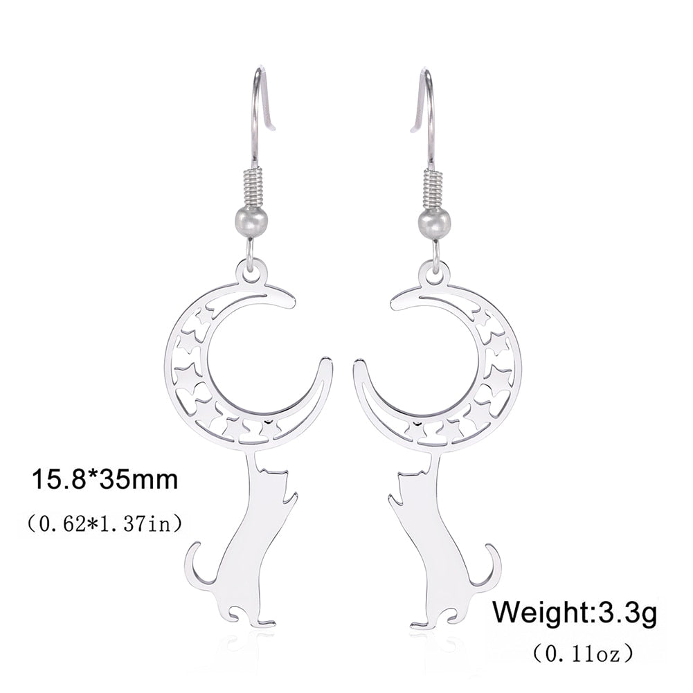 Lucktune Crescent Moon Cat Drop Earrings Stainless Steel Cute Kitten Animal Earrings for Women 2023 Goth Jewelry Birthday Gift - Charlie Dolly
