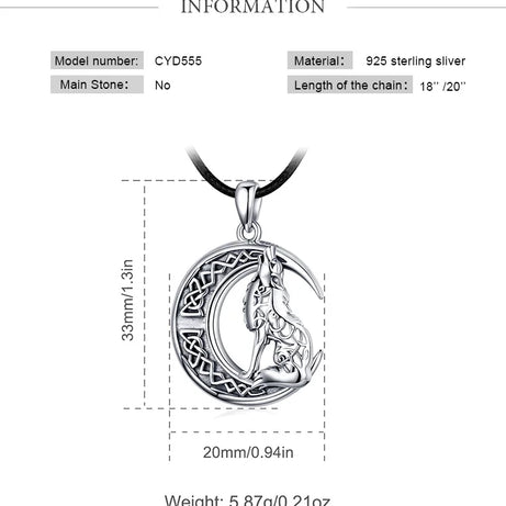 S925 Sterling Silver Wolf & Moon Pendant Necklace, Valknut Odin Norse Viking Amulet