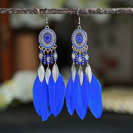 Feather Leaf Crystal Bead Long Earrings Jewelry