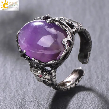 CSJA Vintage Silver Rings Natural Stone Amethyst Ring for Women Adjustable Design Handmade Fashion Jewelry Boho Accessories H765 - Charlie Dolly