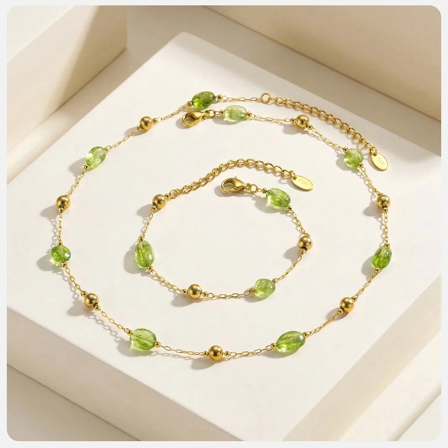 Vnox Stainless Steel Natural Green Stones Spacer Bead Thin Chain Bracelet Summer Boho Seaside Vacation Choker Bracelet Jewelry - Charlie Dolly