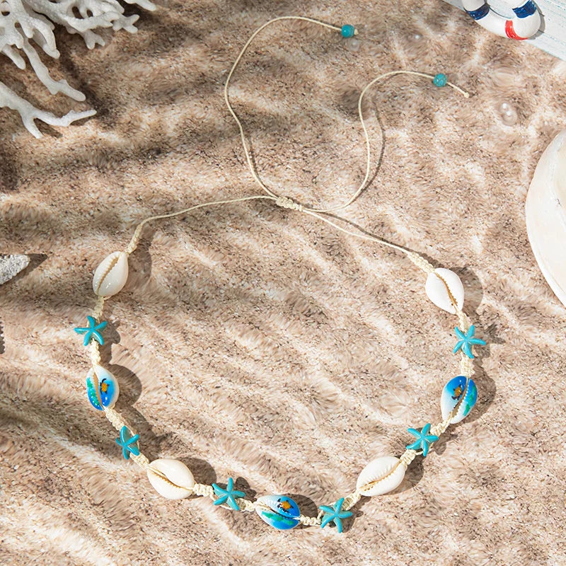 2026 Summer Boho Cowrie Shell Choker Necklace for Women Y2K Cute Blue Starfish Beads Collar Beach Vacation Jewelry Gift