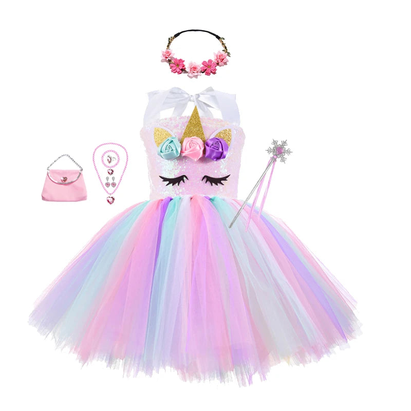 Princess Girls Unicorn Tutu Dress Outfits Pastel Flower Baby Girl Birthday Party Dresses Tulle Kids Halloween Cosplay Costumes - Charlie Dolly