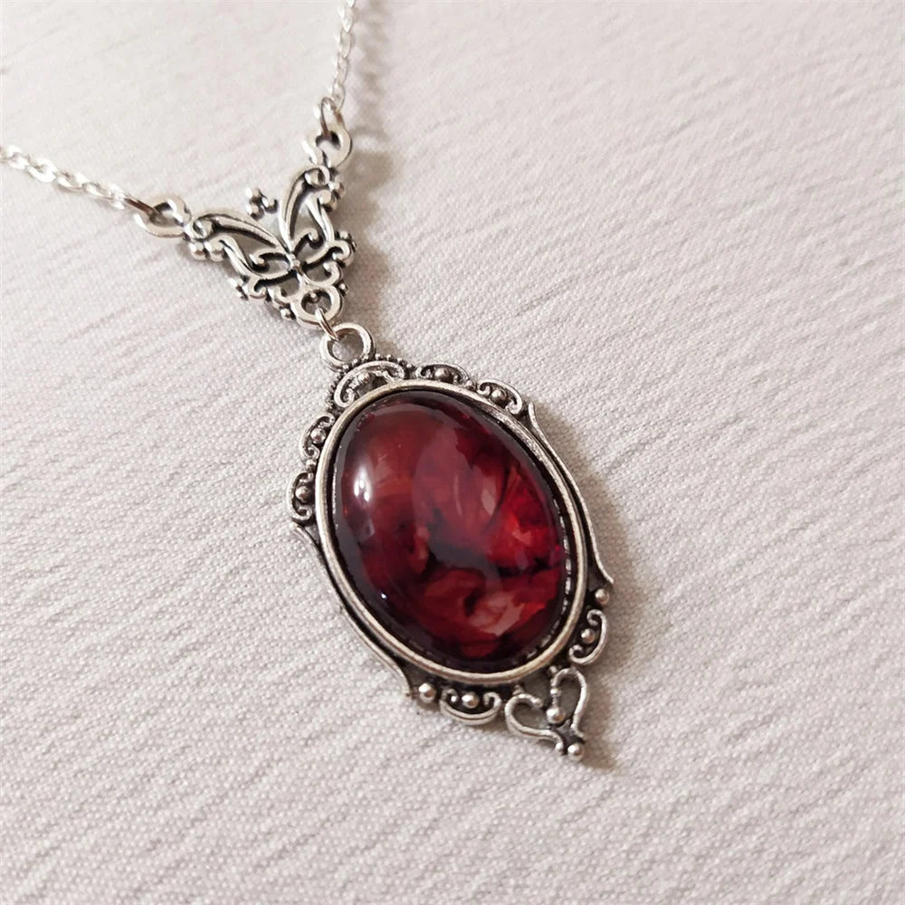 Gothic Blood Red Quartz Charm Necklace Oval Pendant Necklace For Women Halloween Vampire Embossed Witch Jewelry Vintage Chokers - Charlie Dolly