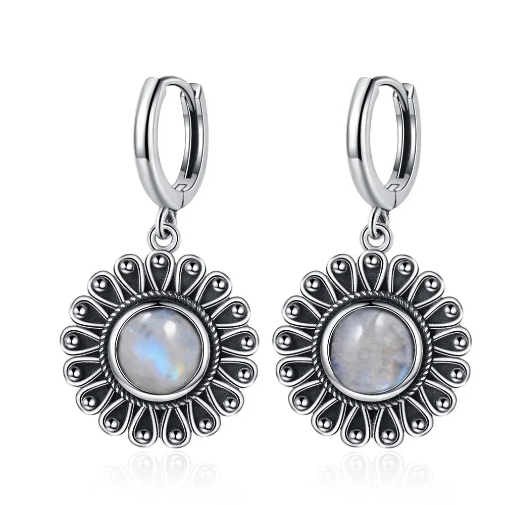 Natural Stone Sun Flower Hoop Earrings for Women, Vintage Antique Silver Turquoise Amethyst Labradorite Dangle Earring Wholesale