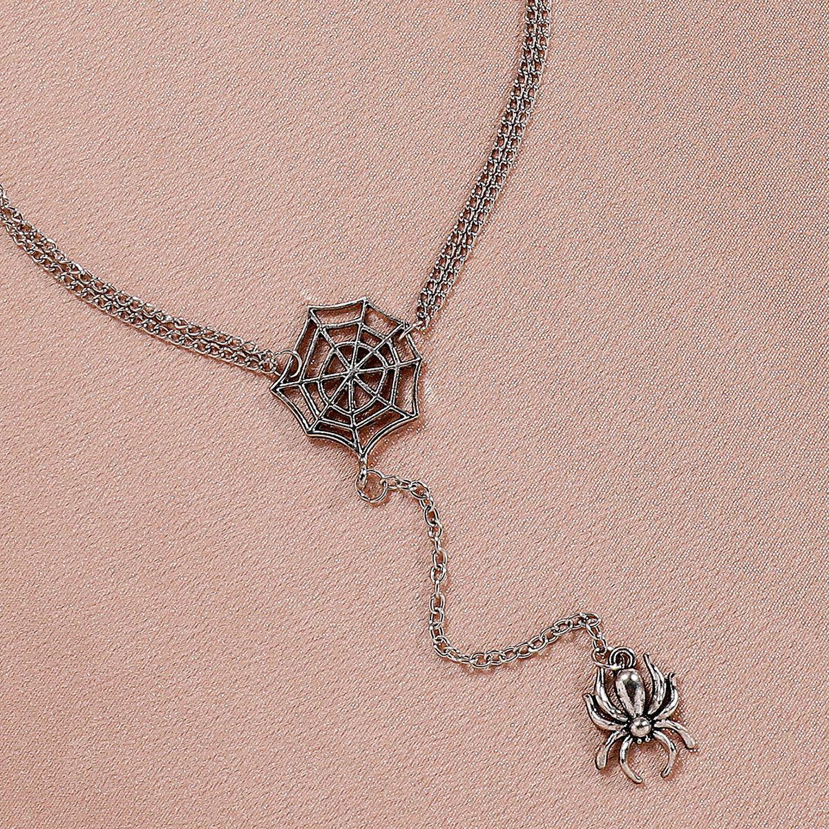 Halloween Necklaces New Creative Spider and Web Pendant Double Chain Necklace Retro Punk Style Long Sweater Chain Accessories - Charlie Dolly