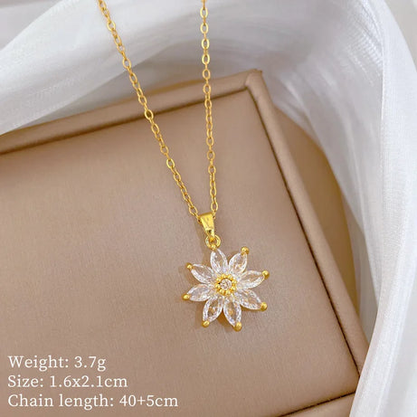 White Crystal Petal Lotus Flower Bud Pendant Necklace, Stainless Steel Waterproof Chain