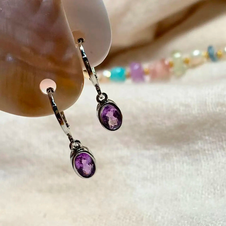 Vintage Amethyst Hoop Earrings, Handmade 14K Gold-Plated Gemstone Jewelry