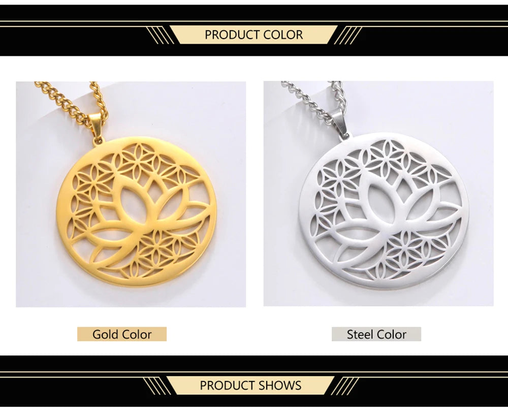 Dawapara Lotus Flower of Life Necklace Stainless Steel Women Jewelry Buddhism Peace Symbol Yoga Meditation Amulet Pendant