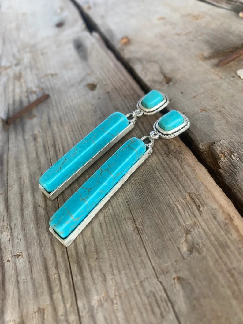 Retro Bohemian Rectangular Lapis Lazuli earrings, Fashionable Bluestone pendant, women's Jewelry Accessories