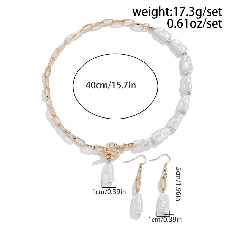 Square Pearl and Cross Chain Boho Necklace, Earring and Bracelet Set