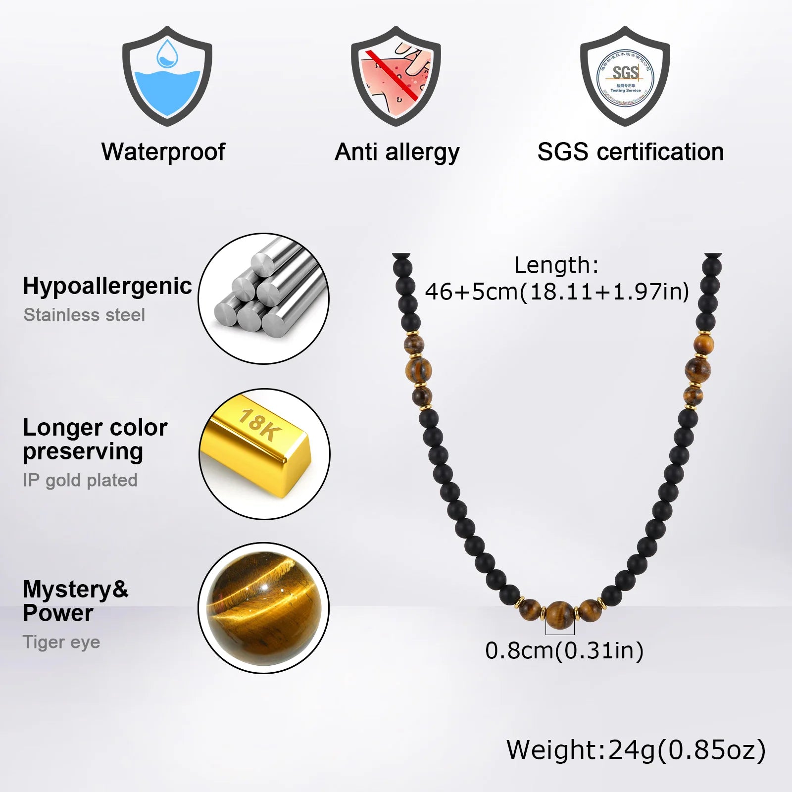 Retro Natural Stone Beads Necklace Tiger Eye Stone Stainless Steel Handmade Collar Necklace for Men Boho Trendy Jewelry Gifts