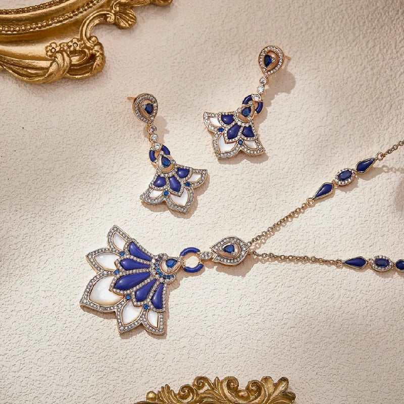 Designer Collection Stud Earrings Necklace Women Lady Inlay Cubic Zircon Mother Of Pearl Lapis Lazuli Dinner Party Jewelry Set