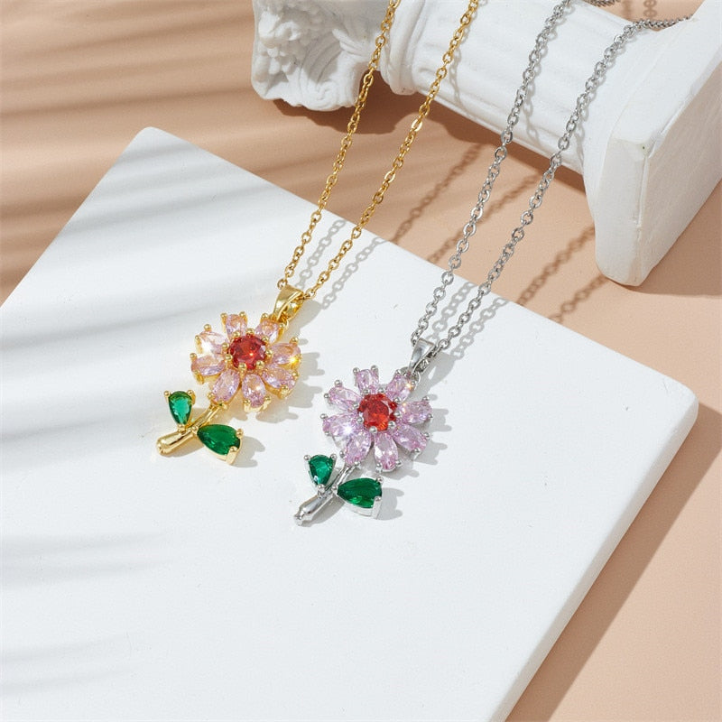 Light Luxury Zircon Sunflower Pendant Necklace Stainless Steel Fashion Plant Flower Choker Jewelry Party Gifts For Women Girls - Charlie Dolly