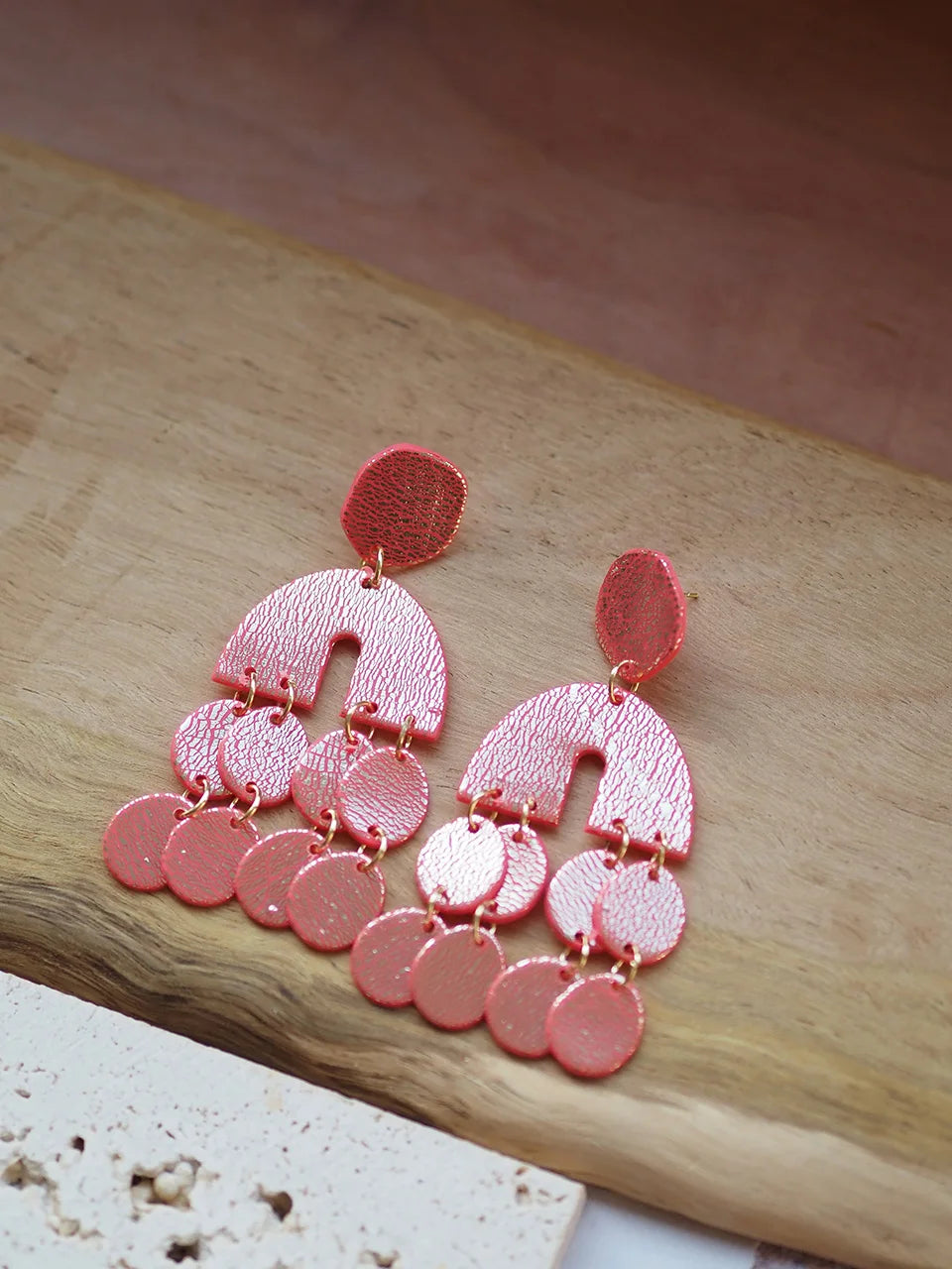 Boho Chic Metalic Textured Polymer Clay Statement Earrings Large Geometric Arch Drop with Round Fringe Aesthetic Jewelry Summer