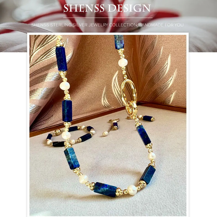 Exclusive Design Personalized Natural Freshwater Pearl Lapis lazuli Necklace Bracelet Earrings Copper Plated 14k Gold Accessorie - Charlie Dolly