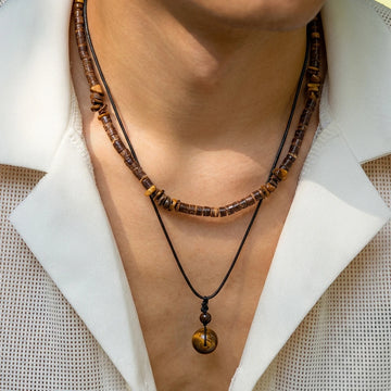 Natural Tiger Eye Healing Stone Necklace for Women Man Boho Handmade Layered Necklace Wood Bead Choker Summer Beach Jewelry Gift