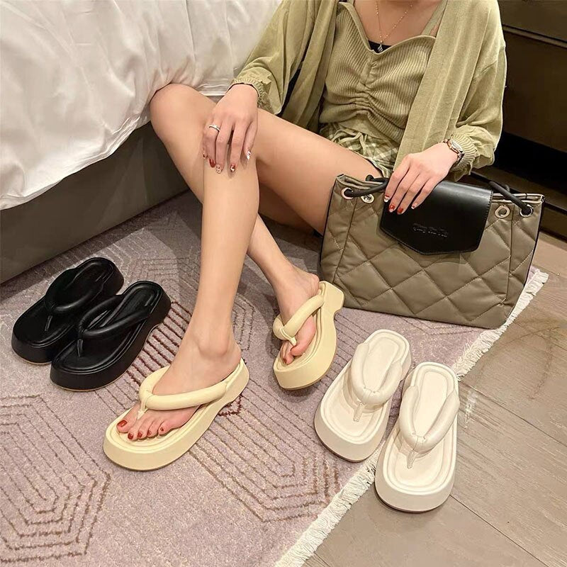 FAFA Slippers Female Summer Outside Wear 2023 New Thick Bottom Clip Toe Sandals Fashion Cream Bread Bubble Slippers Flip-flops - Charlie Dolly