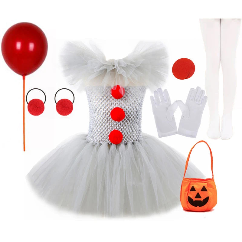 Halloween Gray Joker Girls Costume Tutu Dress Creepy Clown Kids Carnival Party Cosplay Clothing Children Tulle Fancy Dress