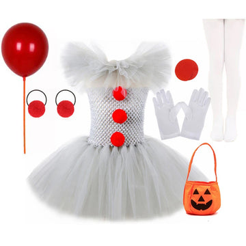 Halloween Gray Joker Girls Costume Tutu Dress Creepy Clown Kids Carnival Party Cosplay Clothing Children Tulle Fancy Dress