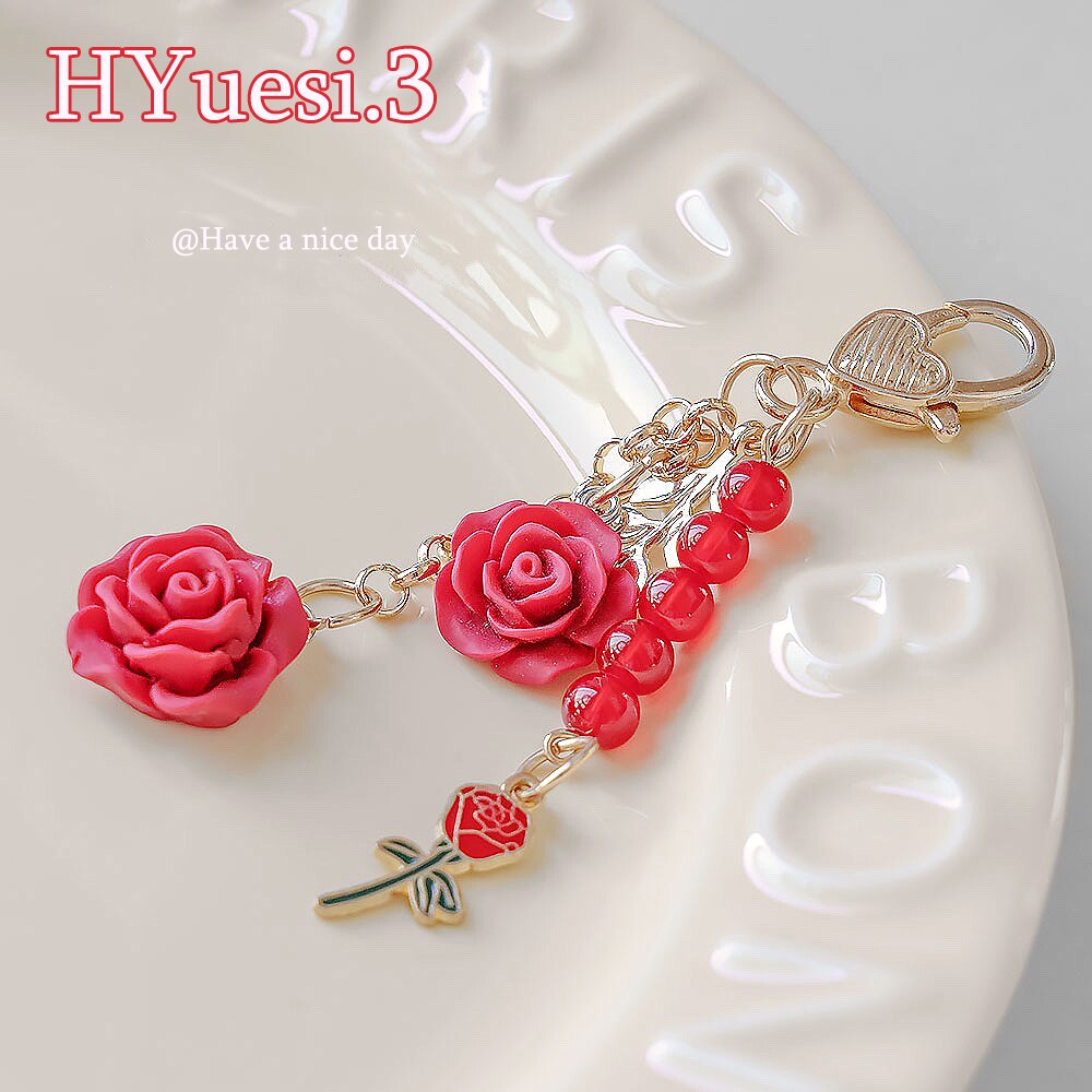 8colors 3D Rose Camellia Keychain Women Girls Sweet Pearl Tassel Flower Keyring With Metal Leaf For Earphone Case Bag Decoration - Charlie Dolly
