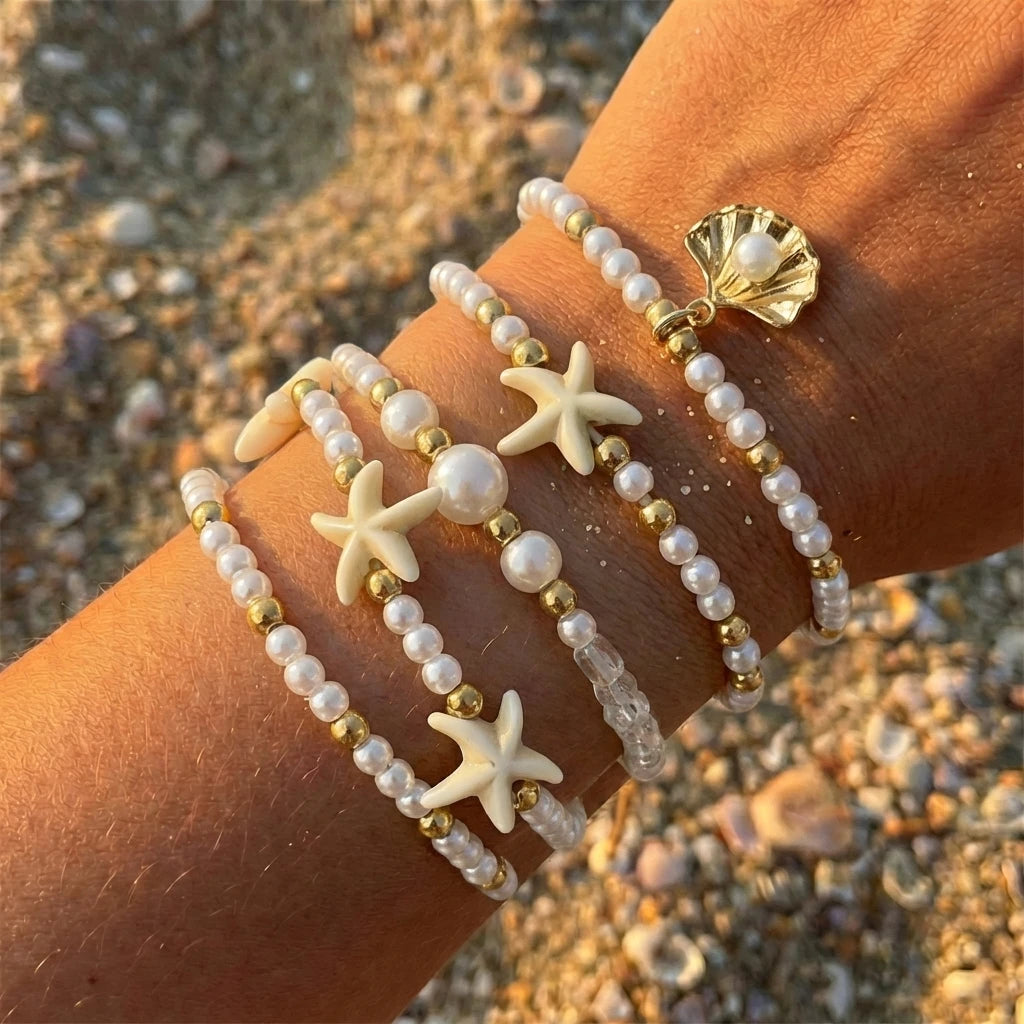 6Pcs/Set Boho Shell Starfish Stacked Bracelets for Women Imitation Pearl Beaded Elastic Bracelet Summer Ocean Jewelry Gift