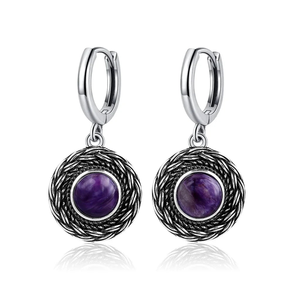 Natural Stone Sun Flower Hoop Earrings for Women, Vintage Antique Silver Turquoise Amethyst Labradorite Dangle Earring Wholesale