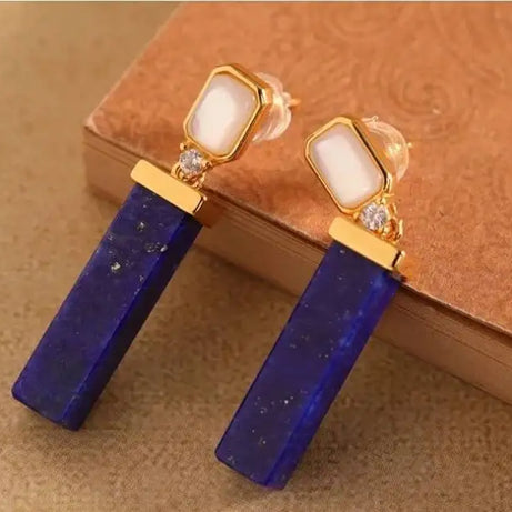GEEZENCA 925 Silver Gold Plated Lapis Lazuli Bar Charm Dangle Drop Earrings Women CZ Geometric Oblong Simple Trendy Earring Gift - Charlie Dolly