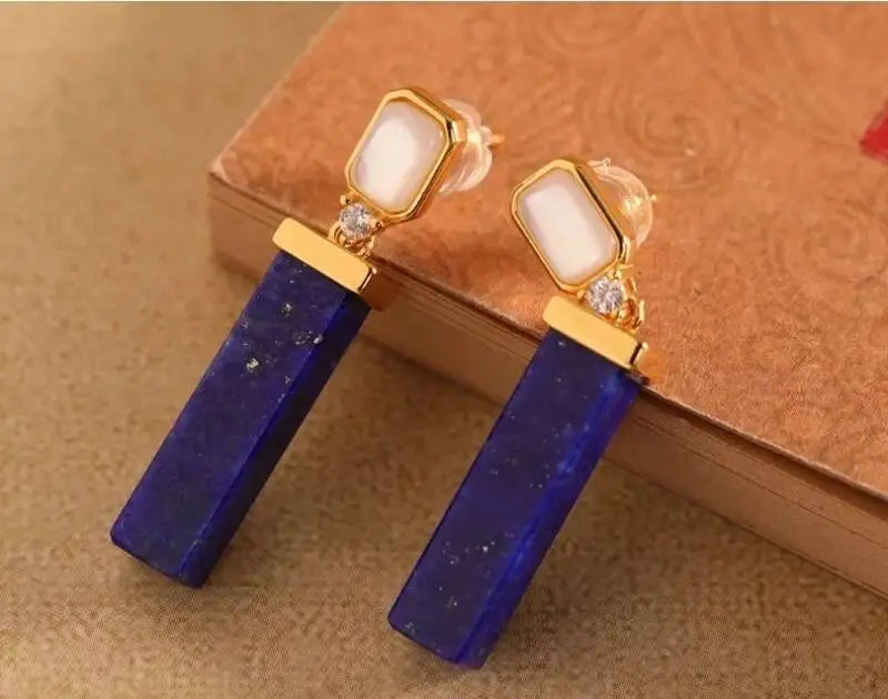 GEEZENCA 925 Silver Gold Plated Lapis Lazuli Bar Charm Dangle Drop Earrings Women CZ Geometric Oblong Simple Trendy Earring Gift