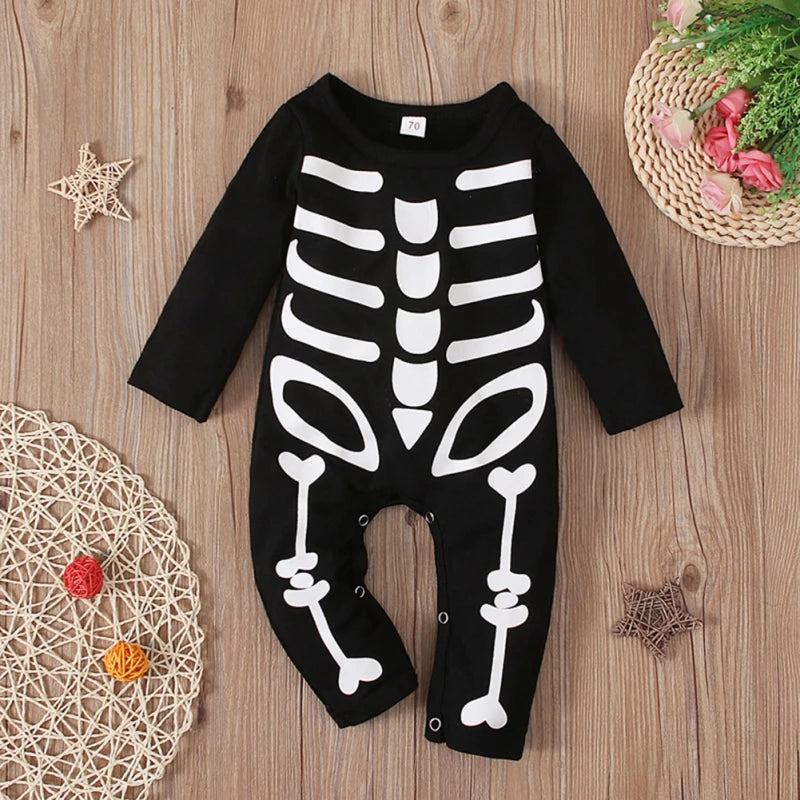 Baby Cosplay Costume Skeleton Print Long Sleeve Round Neck Romper Playsuit Infant Toddler Halloween Party Wear Fancy Dress 6-36M