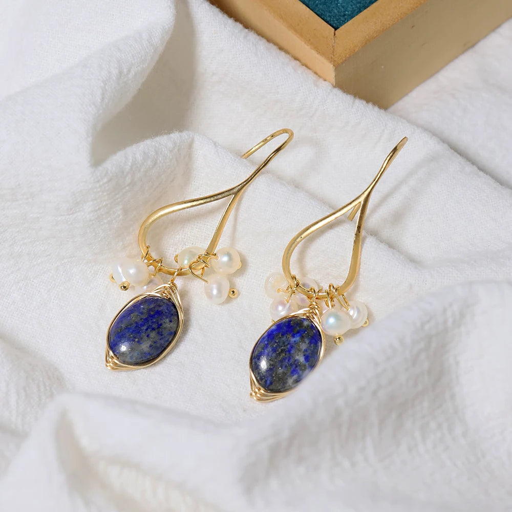 GLSEEVO Natural lapis lazuli Pearl Temperament Drop Earrings Women Girls Party Gift Original Design Luxury Jewellery Gift GE0988