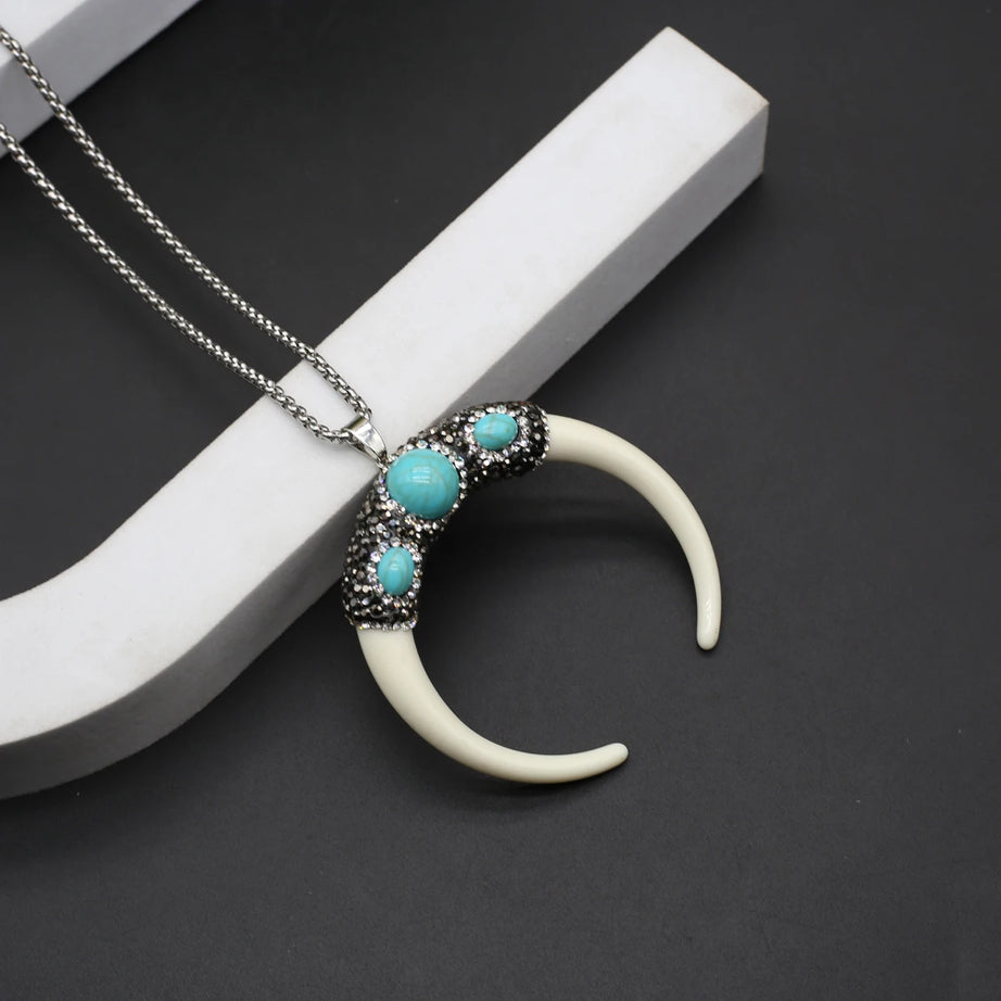 Natural Stone Horn Necklace Reiki Heal Turquoise Rhinestone Crescent Moon Pendant Stainless Steel Chain Boho Necklaces Jewelry - Charlie Dolly
