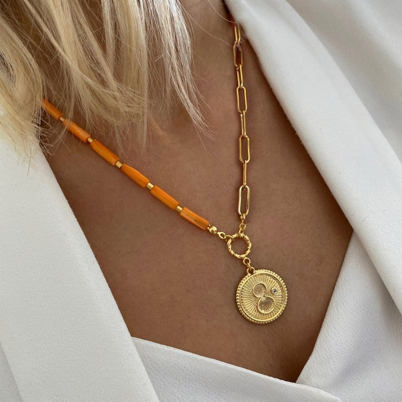 Collar Trendy Quartz Necklace Pendant Natural Stone Pink Crystal Pendant Necklace Bohemian  Sparkling METAL SHELL jewelry - Charlie Dolly