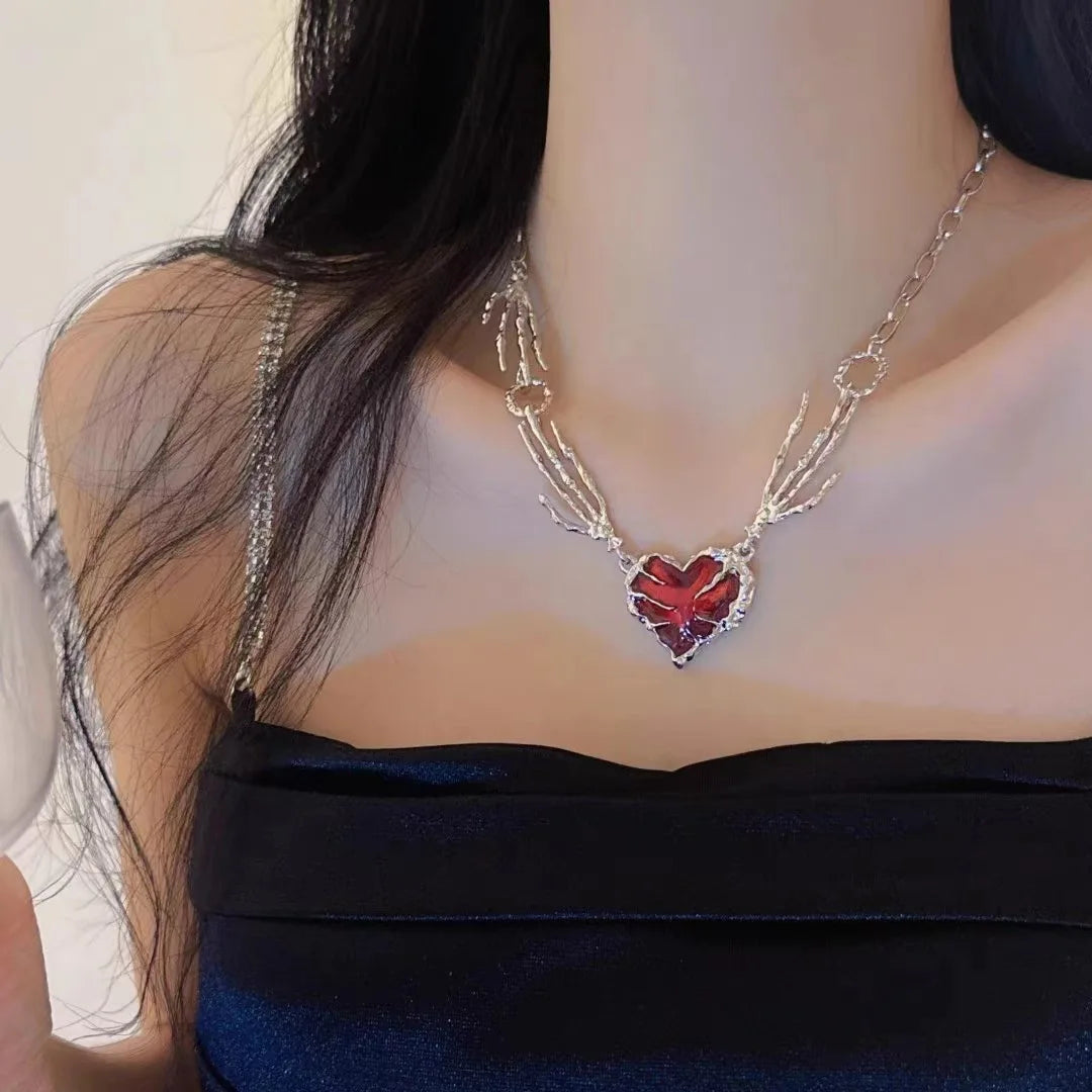 Gothic Vintage Red Heart Ghost Claw Pendant Chain Necklace for Women Men Halloween Punk Y2K Grunge Hip Hop Jewelry Accessories - Charlie Dolly
