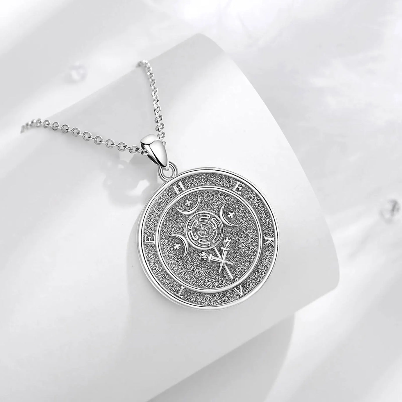 S925 Sterling Silver Hecate & Dog Pendant Necklace, Triple Moon Goddess Moonstone Amulet