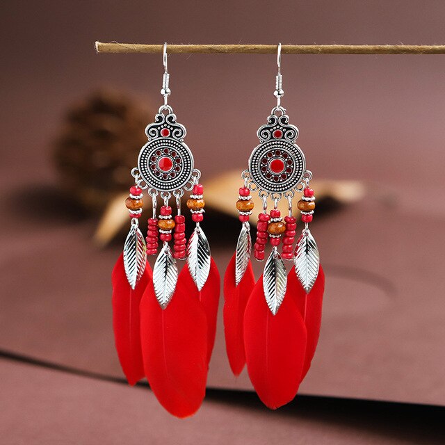 Fashion Earrings Bohemian Ethnic Style Leaf Earrings Jewelry Retro Long Tassel Colorful Feather Earrings Jewelry Gift - Charlie Dolly