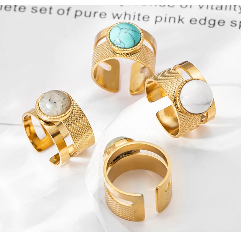 WILD & FREE Boho Stainless Steel Rings For Women Glamour Trendy Gold Color Inlaid Natural Stone Statement Jewelry - Charlie Dolly
