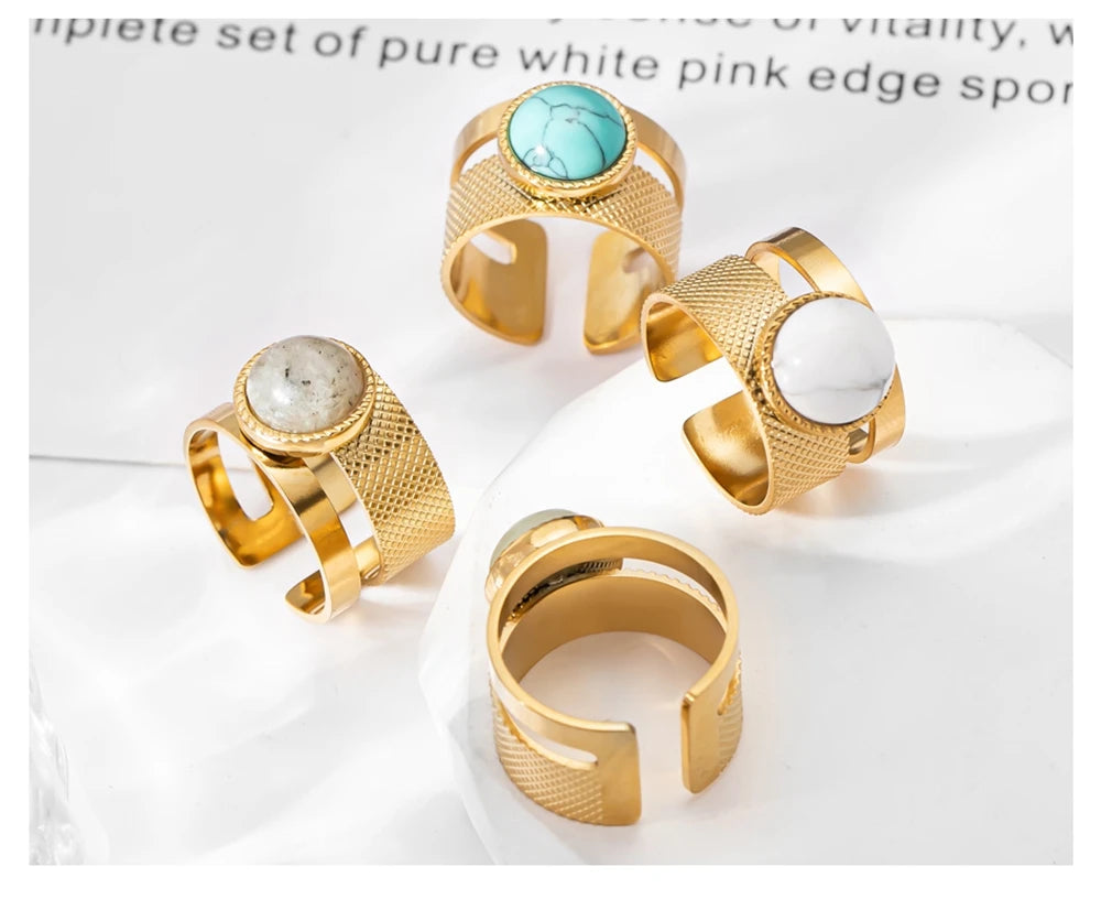 WILD & FREE Boho Stainless Steel Rings For Women Glamour Trendy Gold Color Inlaid Natural Stone Statement Jewelry
