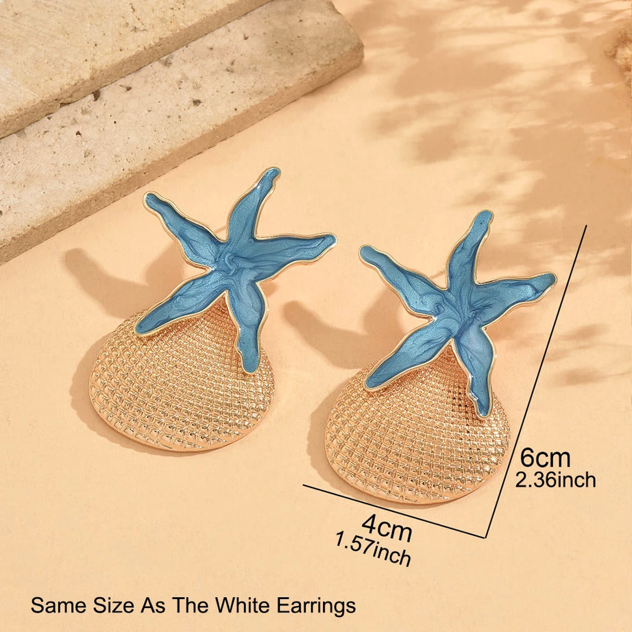 Enamel Starfish and Shell Drop Earrings