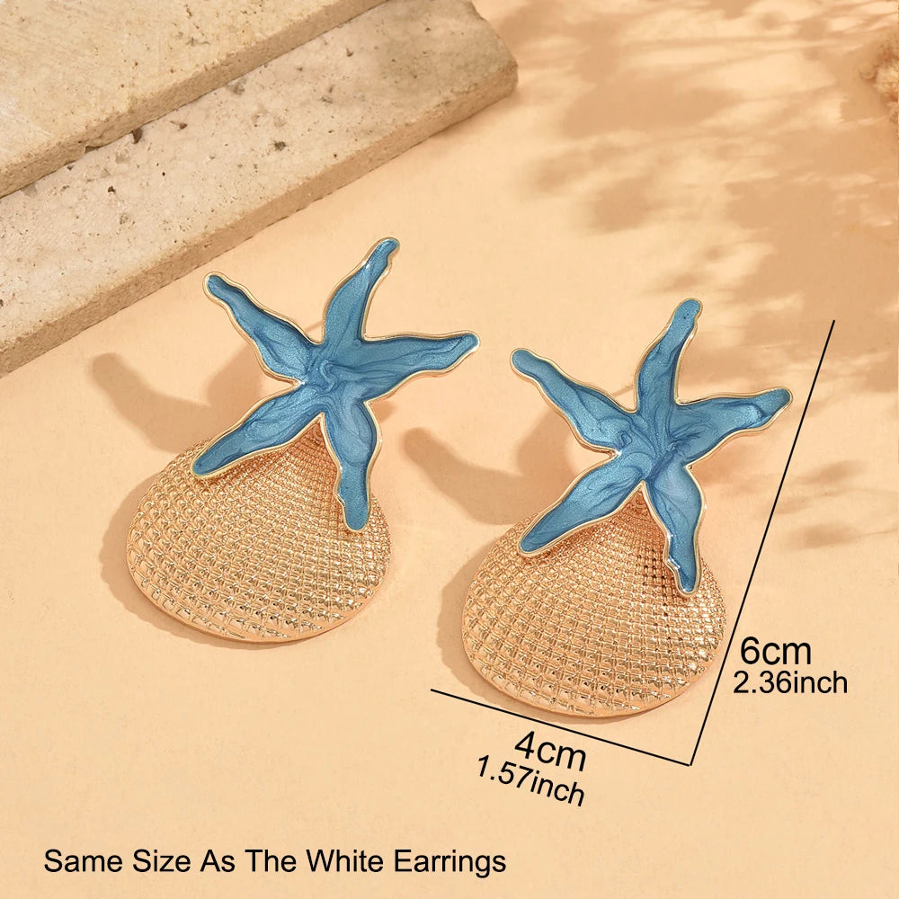 Summer Beach Irregular Enamel Starfish Shell Drop Earrings Boho Gold Tone Jewelry for Women