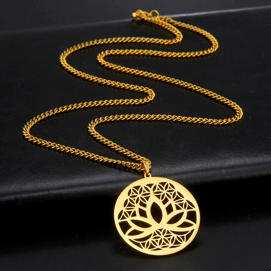 Lotus Flower of Life Pendant Necklace, Stainless Steel Buddhist Yoga Meditation Amulet