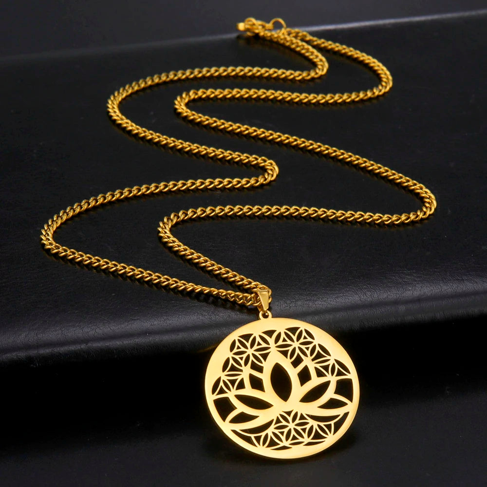 Dawapara Lotus Flower of Life Necklace Stainless Steel Women Jewelry Buddhism Peace Symbol Yoga Meditation Amulet Pendant