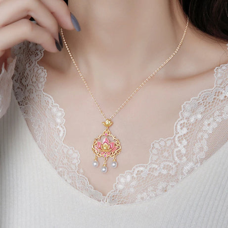 Pink Lotus Ruyi Lock & Pearl Tassel Enamel Necklace, Buddhist Blessing Talisman