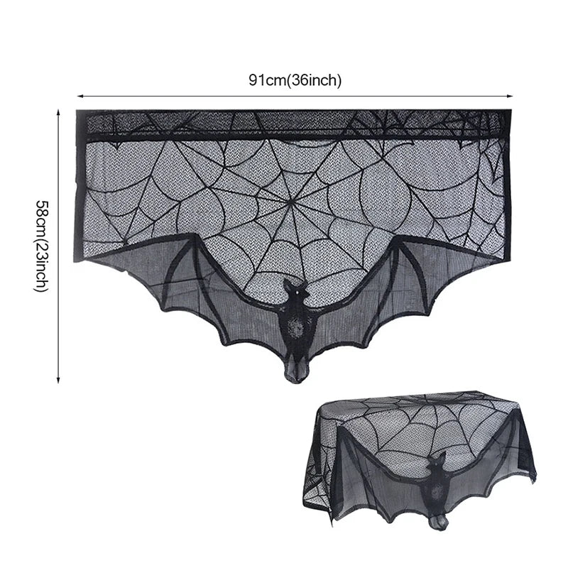 Halloween Bat Table Runner Black Spider Web Lace Tablecloth Fireplace Curtain for Halloween Party Home Decoration Horror Props - Charlie Dolly