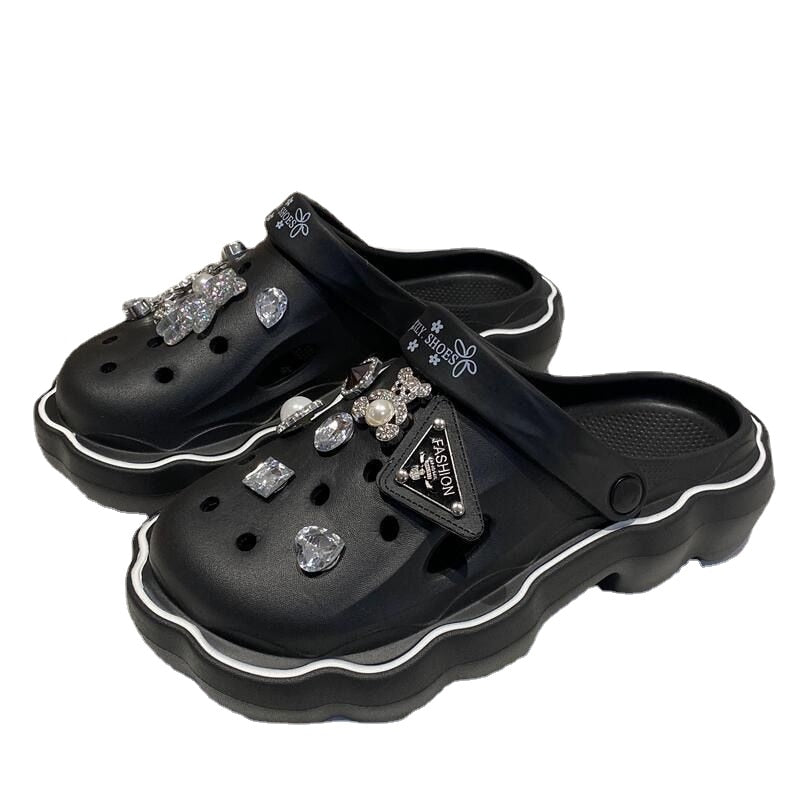 2023 Flat Garden DIY Croc Slippers Woman Beach Slipper Cute Cartoon Diamond Deco For Hole Shoes Antislip Thicken Shoes For Women - Charlie Dolly